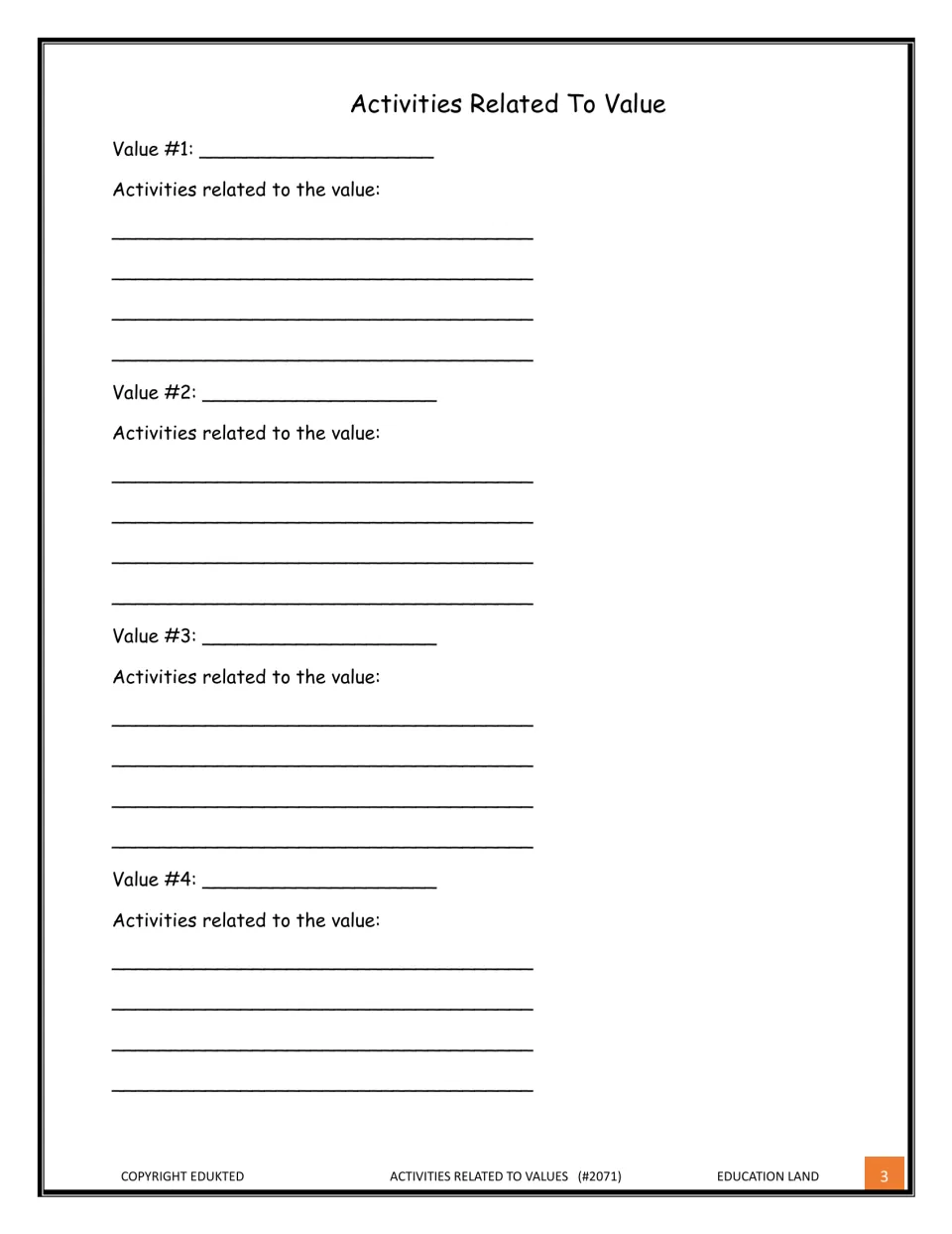 Personal values reflection: students name four values and write four activities related to each one