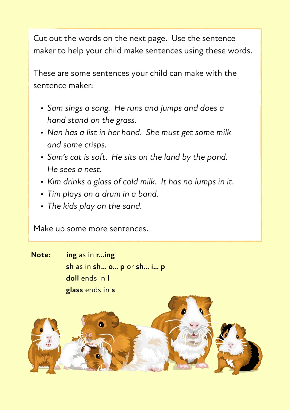 Sentence maker directions: children cut out word cards and build sentences like Sam sings a song and Tim plays on a drum