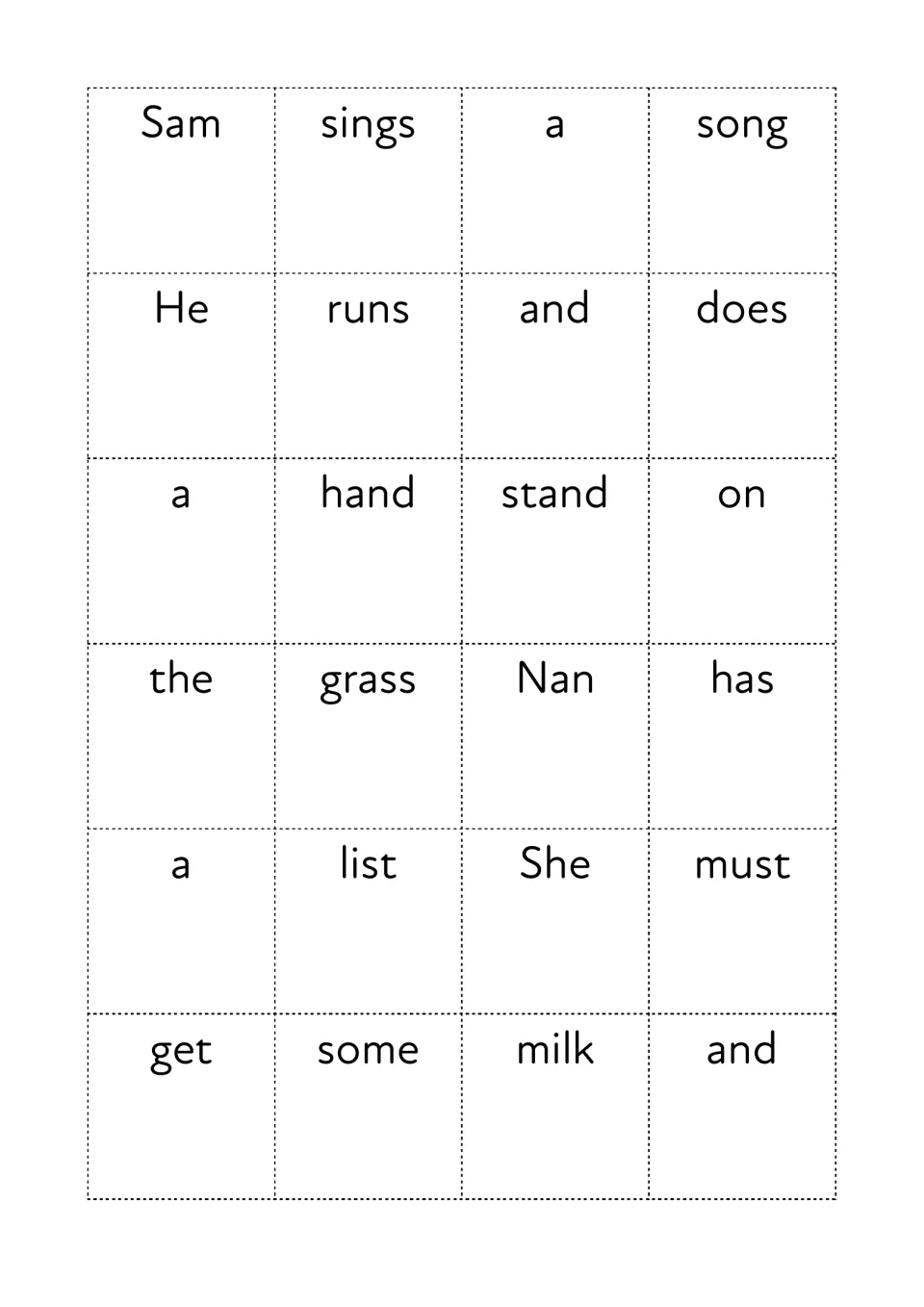 Cut-out word cards for the sentence maker, set 1: Sam, sings, song, hand, stand, grass, list, must, milk and more