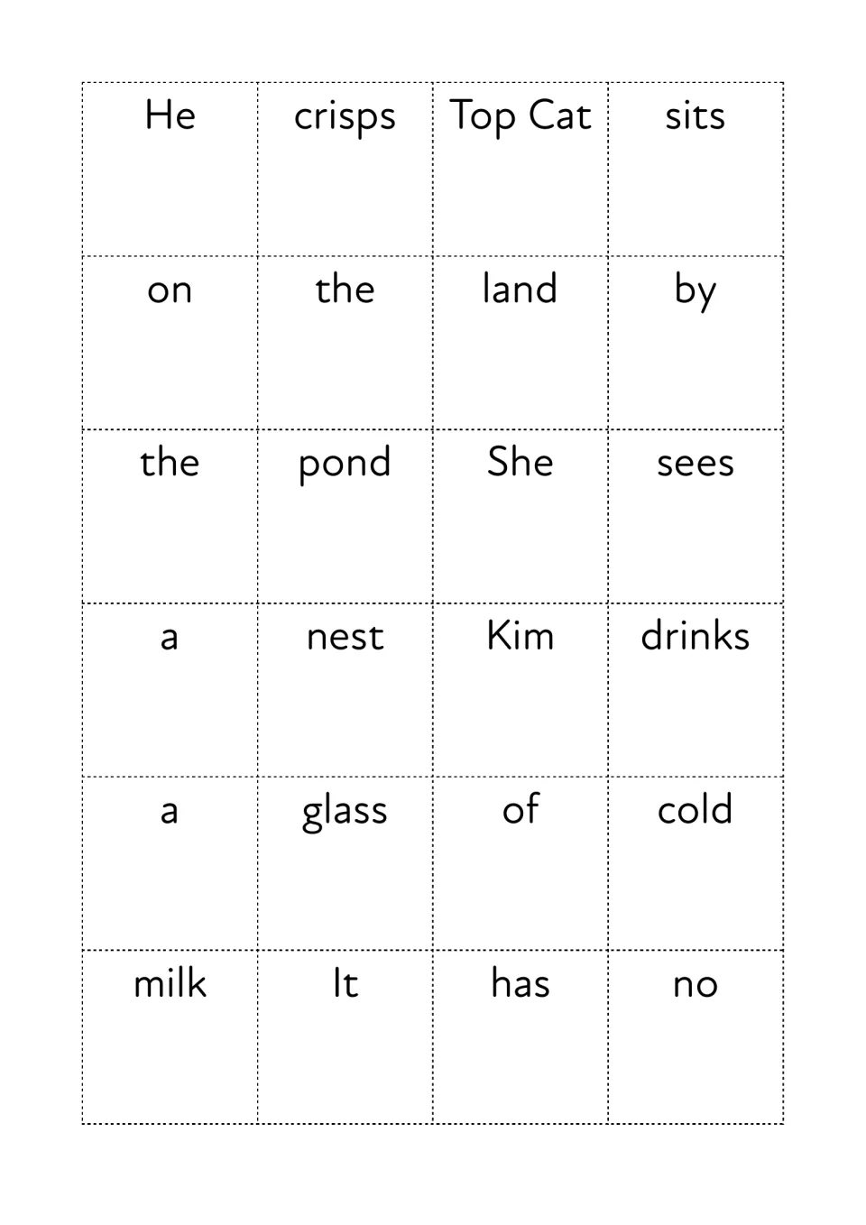 Cut-out word cards, set 2, for building sentences: crisps, Top Cat, land, pond, nest, drinks, glass, cold, milk and more