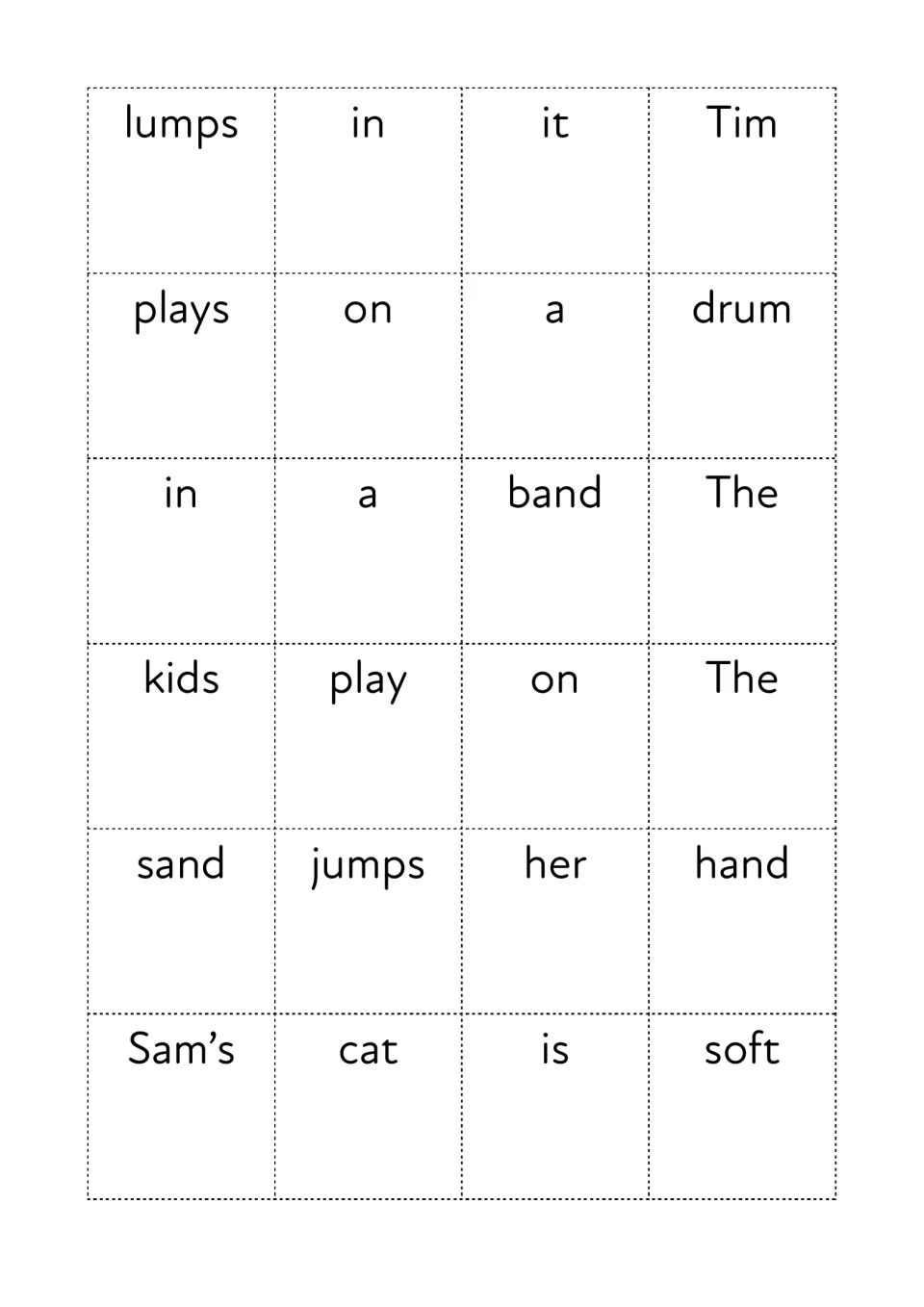 Cut-out word cards, set 3: lumps, Tim, plays, drum, band, kids, sand, jumps, hand, soft and more for building sentences