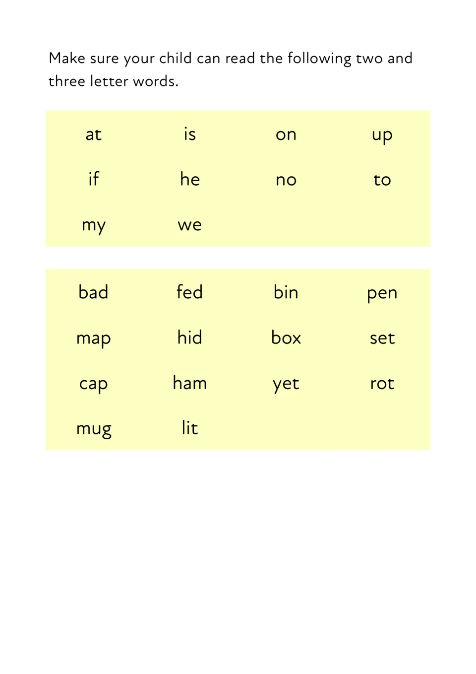 Two and three letter word check: children read at, is, on, if, he, my, then short words such as bad, map, box, mug and lit