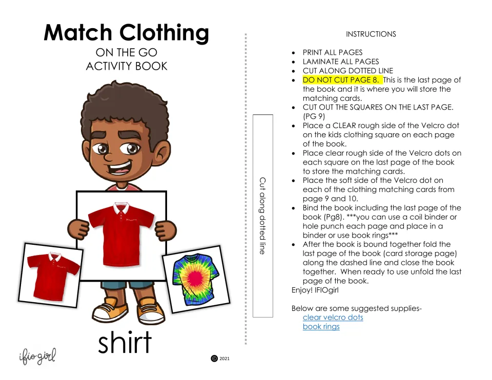 Match Clothing activity book cover: boy holding a red shirt card, plus steps to print, laminate, cut and Velcro