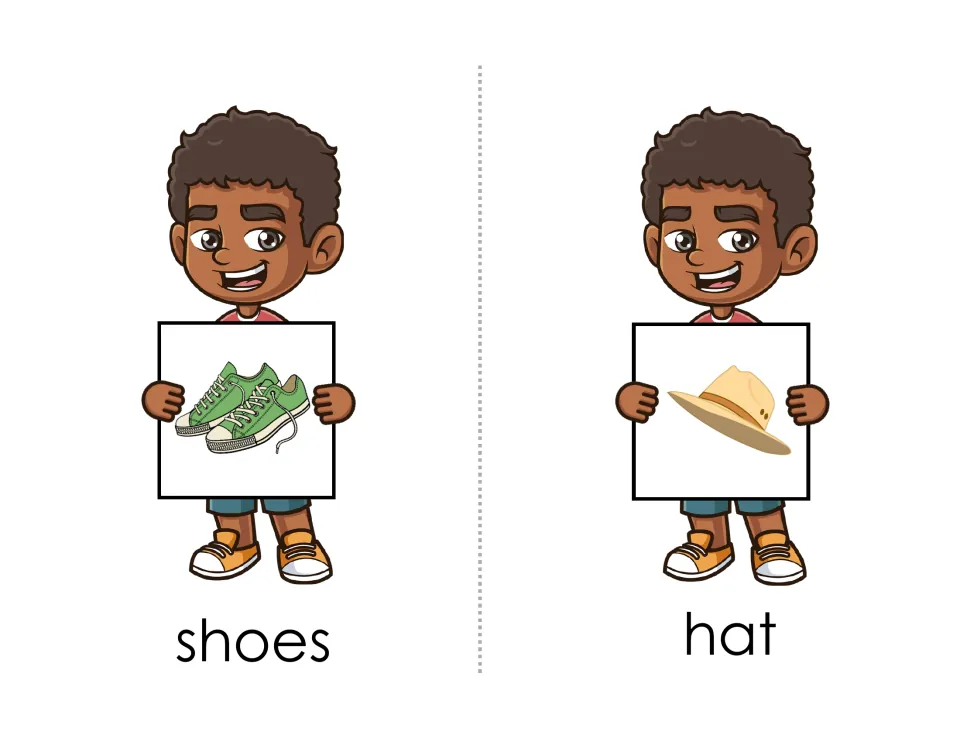 Clothing words shoes and hat: a boy holds each picture so children attach the matching card and read the word
