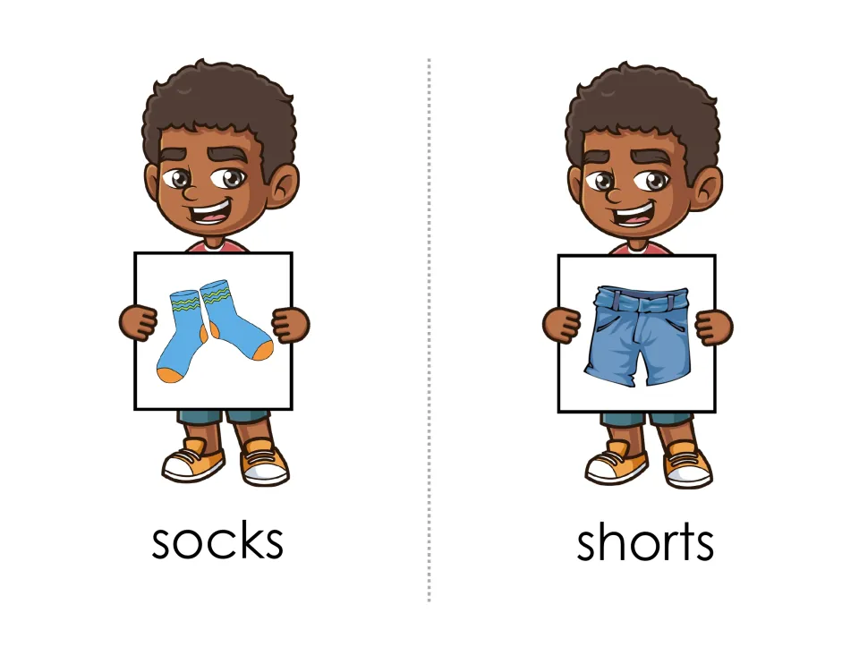 Clothing match pages for socks and shorts: children find the card that matches each pictured item and say its name