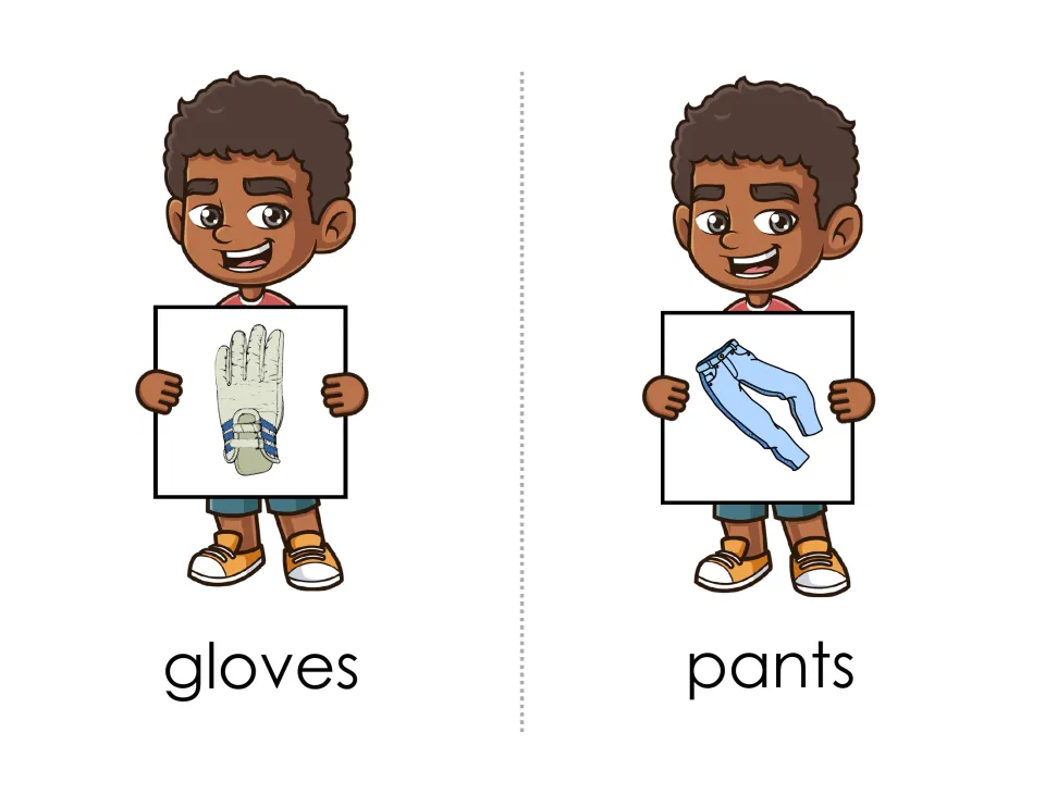 Clothing match pages for gloves and pants: children pair a card with the glove and jeans pictures and name each item