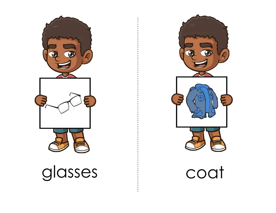Clothing match pages for glasses and coat: children attach the matching picture card to eyeglasses and a denim jacket