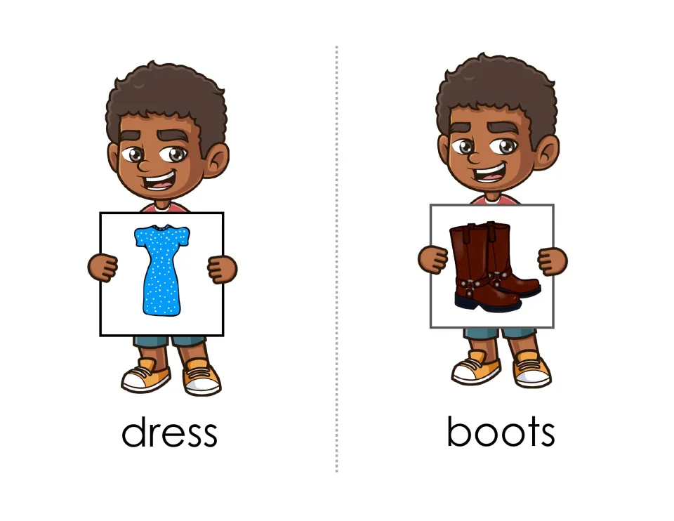 Clothing match pages for dress and boots: children match cards to a blue polka-dot dress and brown boots and name them