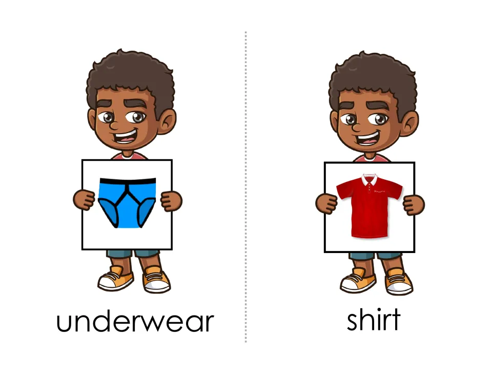 Clothing match pages for underwear and shirt: children pair a card with blue briefs and a red polo shirt and name them