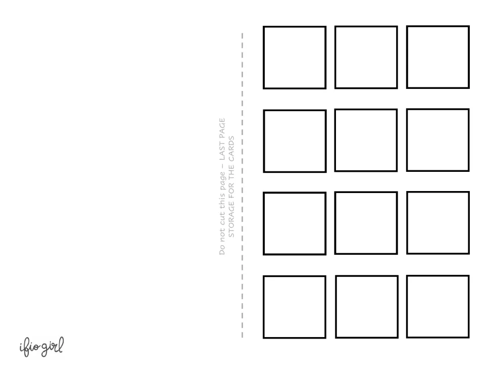 Card storage back page, marked do not cut: 12 squares where children keep the clothing cards with Velcro dots