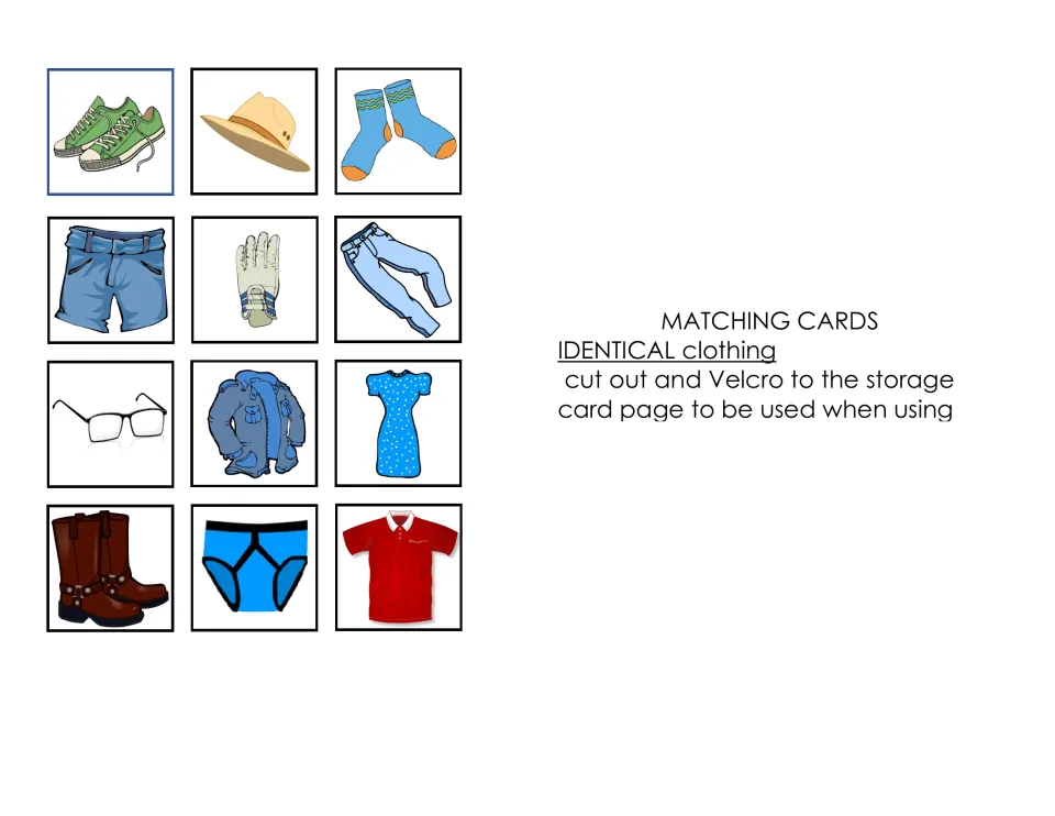 Identical clothing matching cards: children cut out 12 pictures, such as shoes, hat, socks, gloves and coat, to match