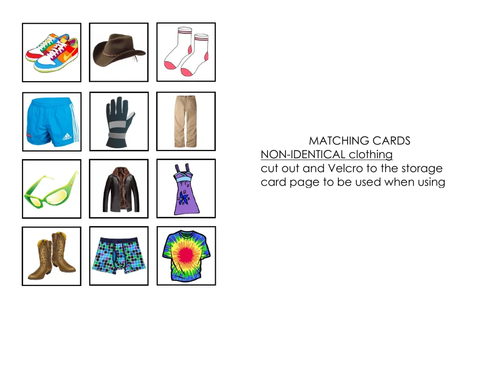 Non-identical clothing cards: 12 cut-outs, such as sneakers, a cowboy hat and tie-dye shirt, matched by clothing type