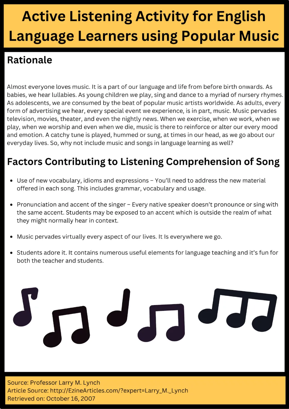 Rationale for teaching English through songs, plus factors in song listening comprehension like vocabulary and accent