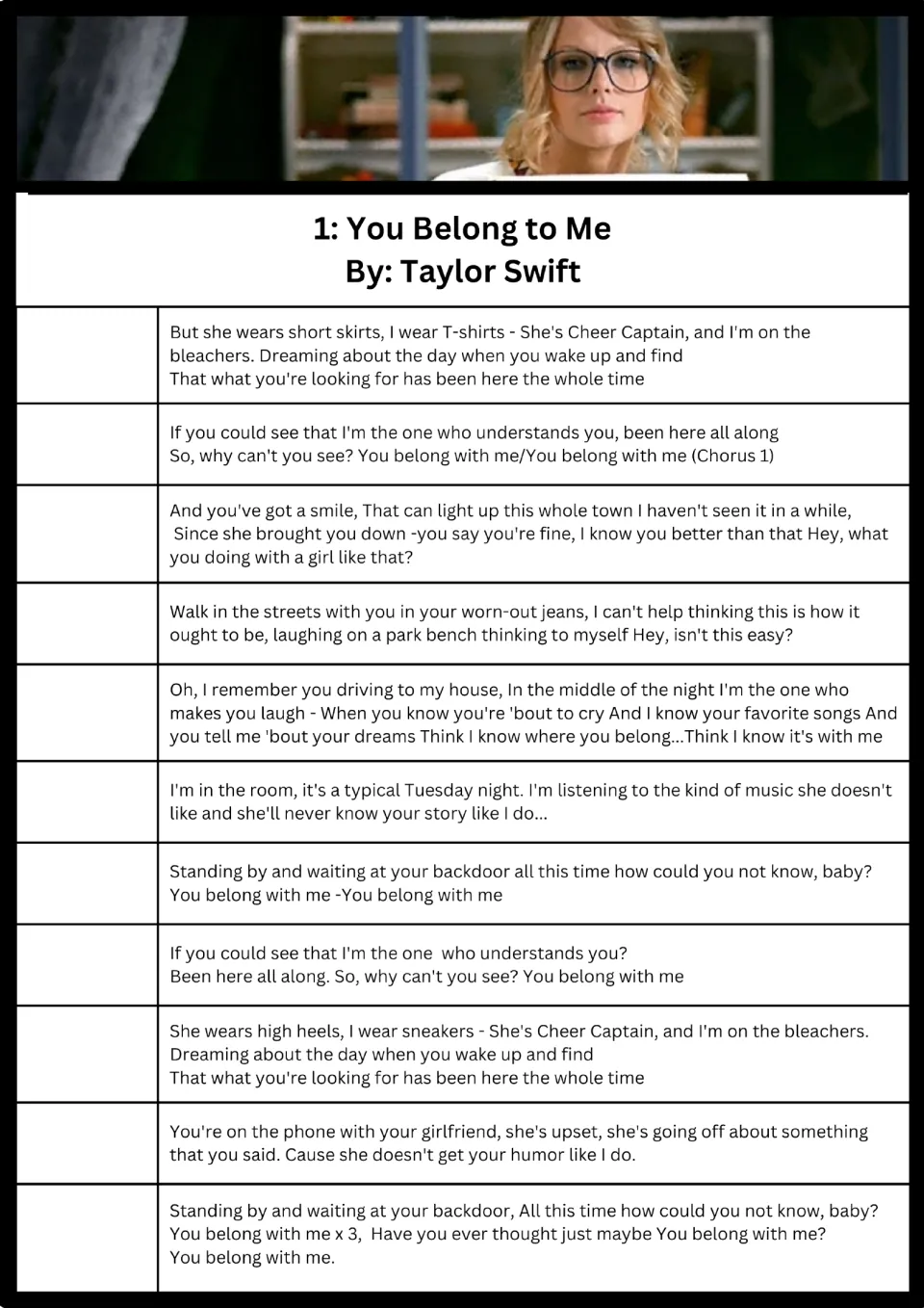 Song 1, You Belong to Me by Taylor Swift: students listen and number 11 lyric sections in the order they hear them