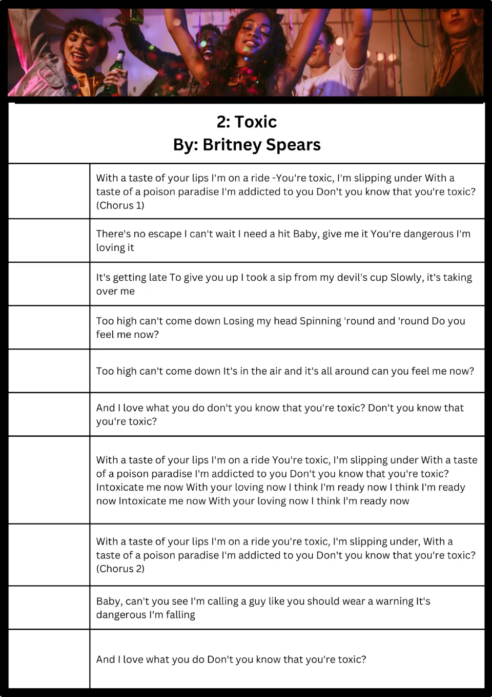 Song 2, Toxic by Britney Spears: students number 10 lyric sections, including two choruses, in the order they are sung