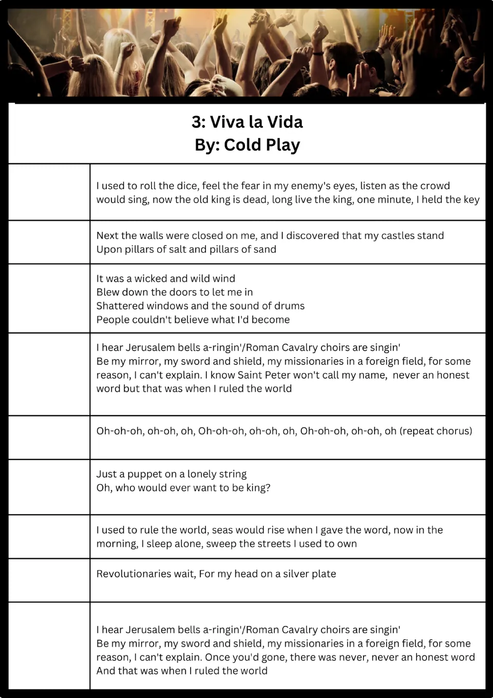 Song 3, Viva la Vida by Coldplay: students listen and order 9 lyric sections by writing a number beside each one