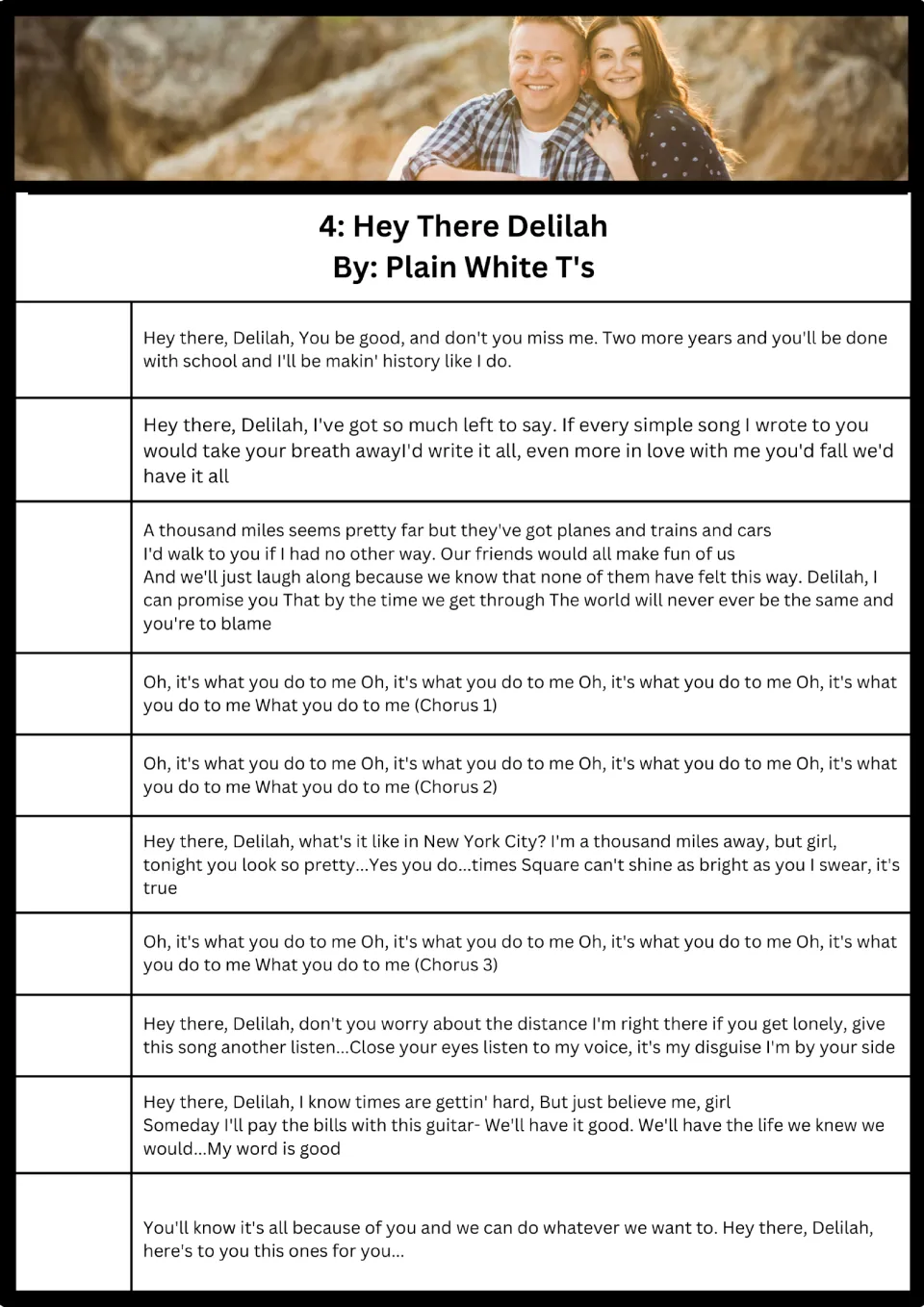 Song 4, Hey There Delilah by Plain White T's: students number 10 lyric sections, with three choruses, in sung order