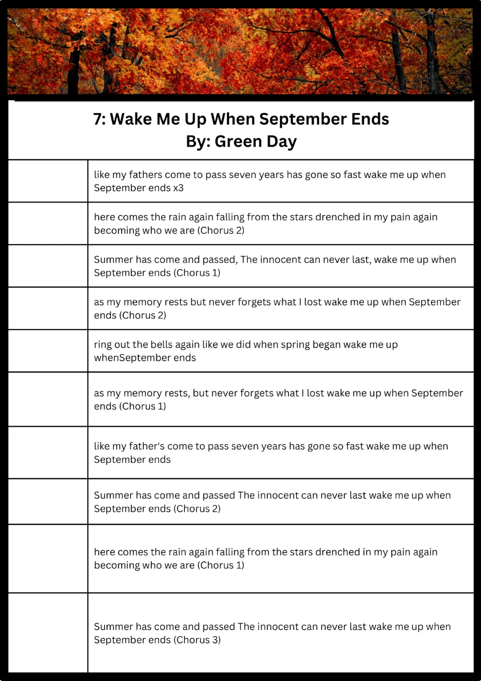 Song 7, Wake Me Up When September Ends by Green Day: students number 10 lyric sections in the order they are sung