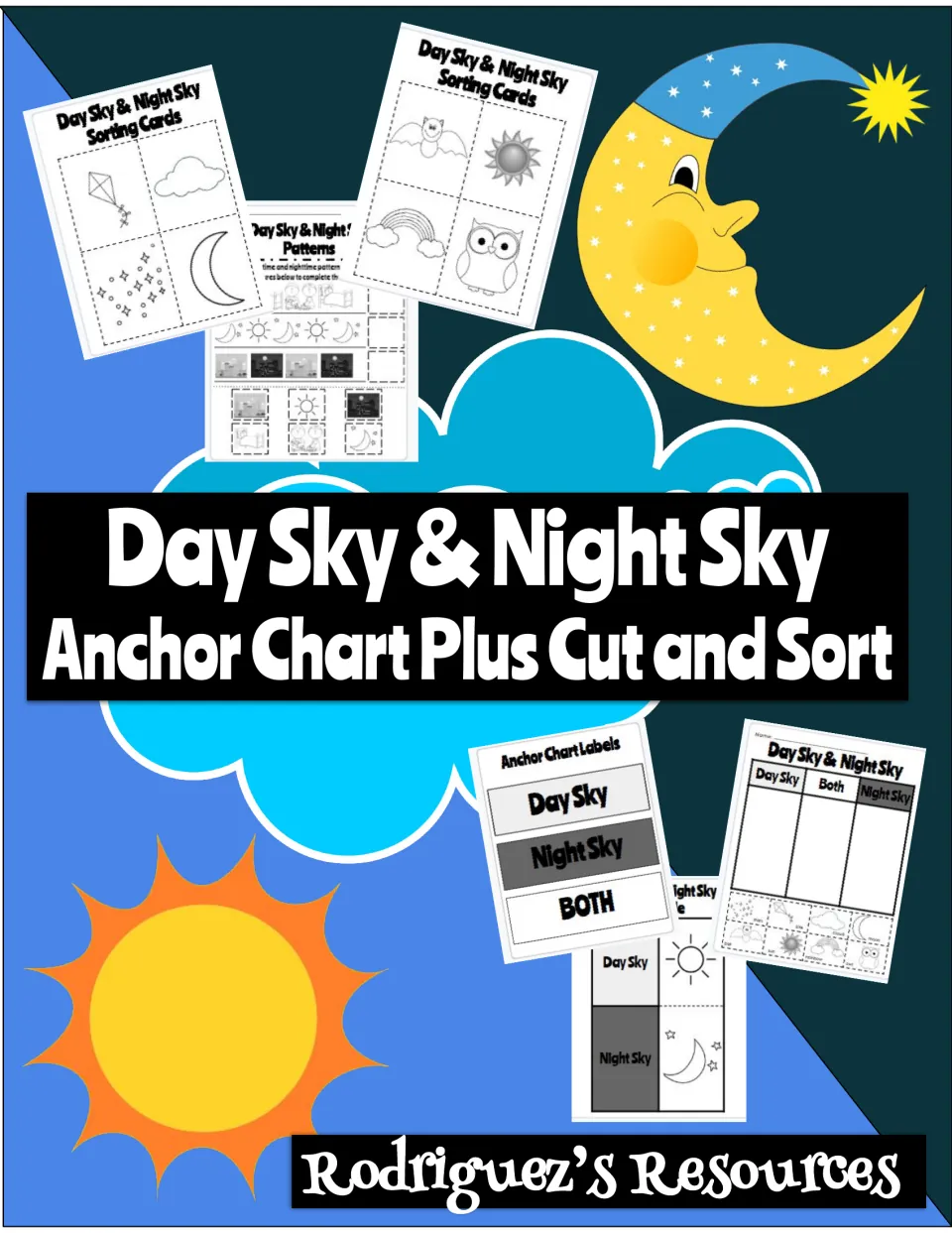 Day Sky & Night Sky anchor chart plus cut and sort cover showing sorting cards, a patterns page, labels and a sort mat