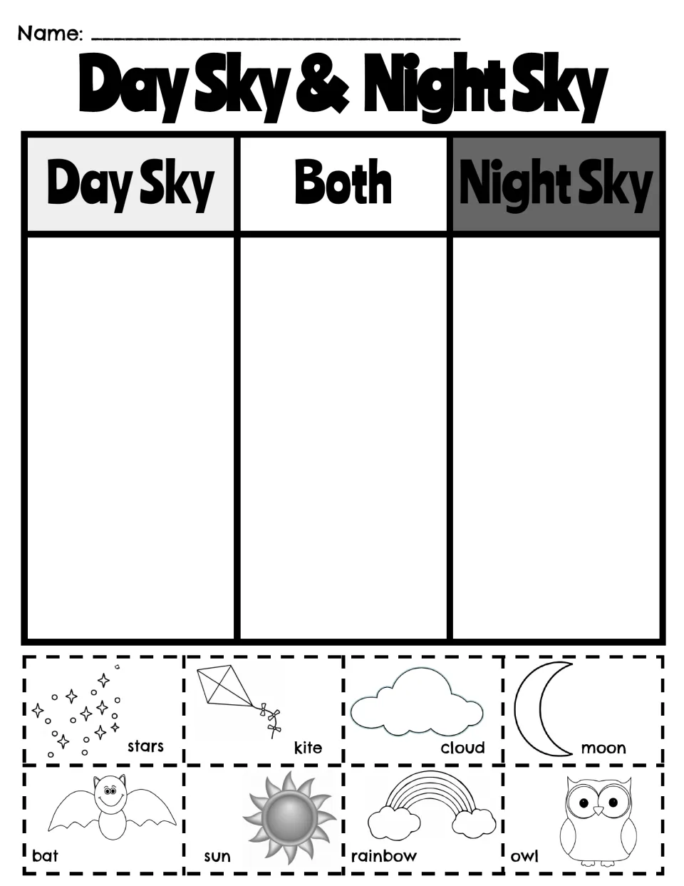 Day and night sky sort: students cut out 8 pictures such as stars, kite, bat and owl and glue them under Day, Both or Night