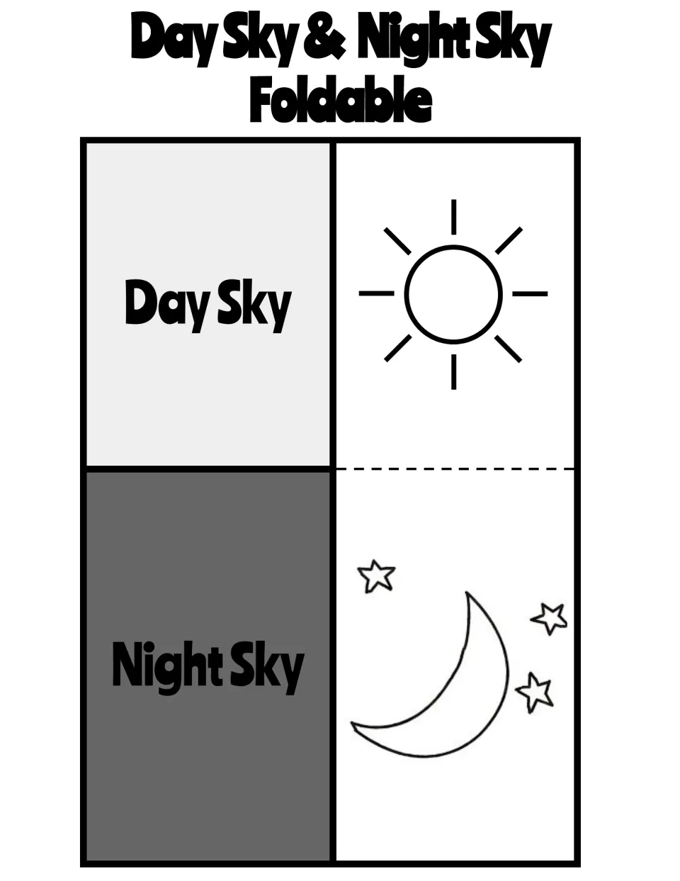 Day Sky & Night Sky foldable: a Day Sky flap with a sun and a Night Sky flap with a moon and stars for students to fold