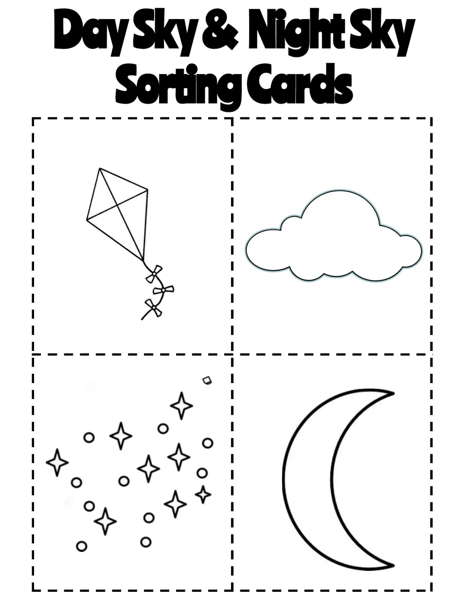 Sorting cards, set 1: kite, cloud, stars and crescent moon pictures to cut apart and sort by day sky or night sky