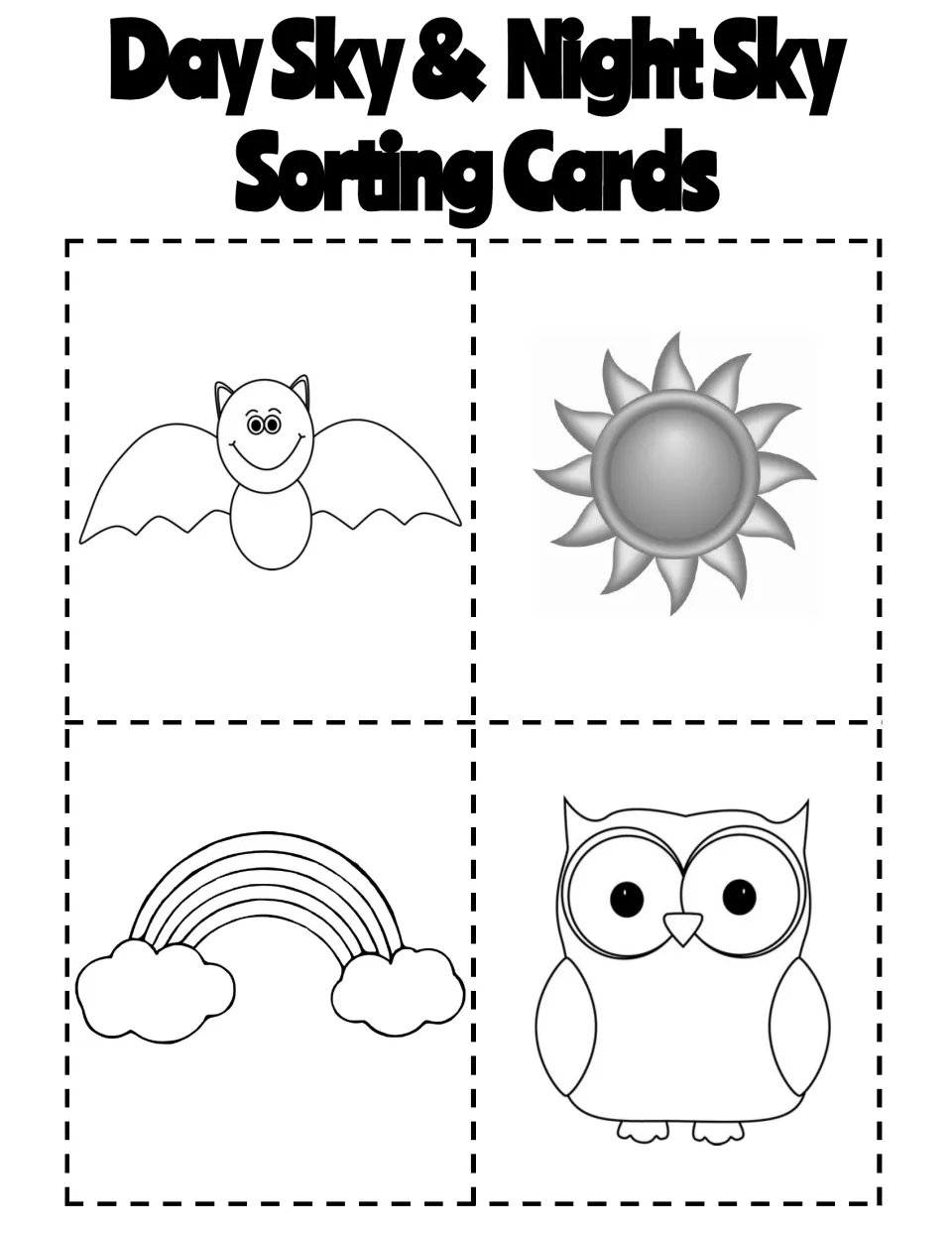 Sorting cards, set 2: bat, sun, rainbow and owl pictures to cut apart and place under day sky, night sky or both