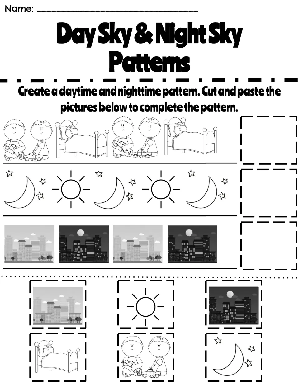 Day and night patterns: students cut and paste pictures to finish AB patterns of play and bed, moon and sun, city scenes