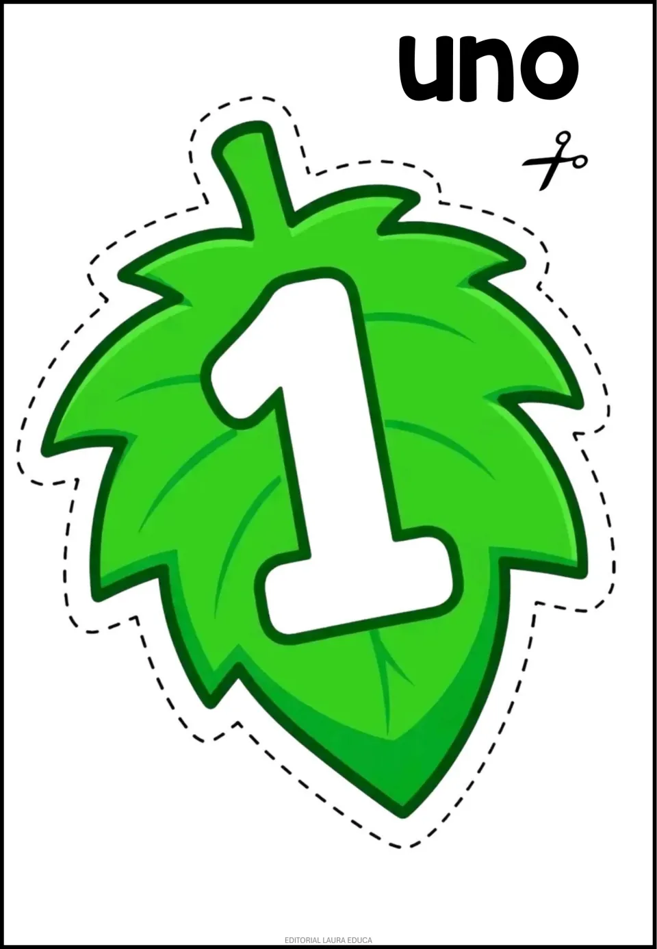 Number cutout 1 of 9 shown: a green leaf bearing the numeral 1 and the Spanish number word uno (one)