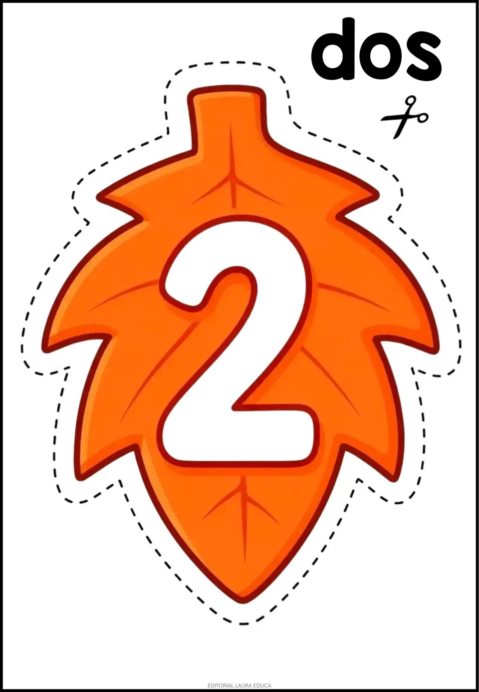 Number cutout 2 of 9 shown: an orange leaf bearing the numeral 2 and the Spanish number word dos (two)