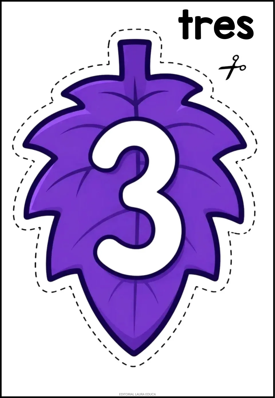Number cutout 3 of 9 shown: a purple leaf bearing the numeral 3 and the Spanish number word tres (three)