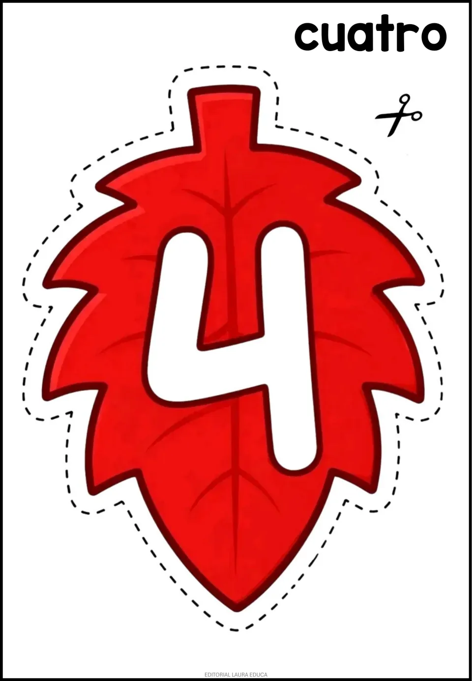 Number cutout 4 of 9 shown: a red leaf bearing the numeral 4 and the Spanish number word cuatro (four)