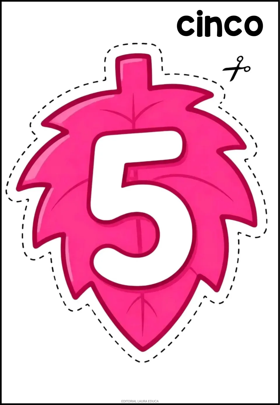 Number cutout 5 of 9 shown: a pink leaf bearing the numeral 5 and the Spanish number word cinco (five)