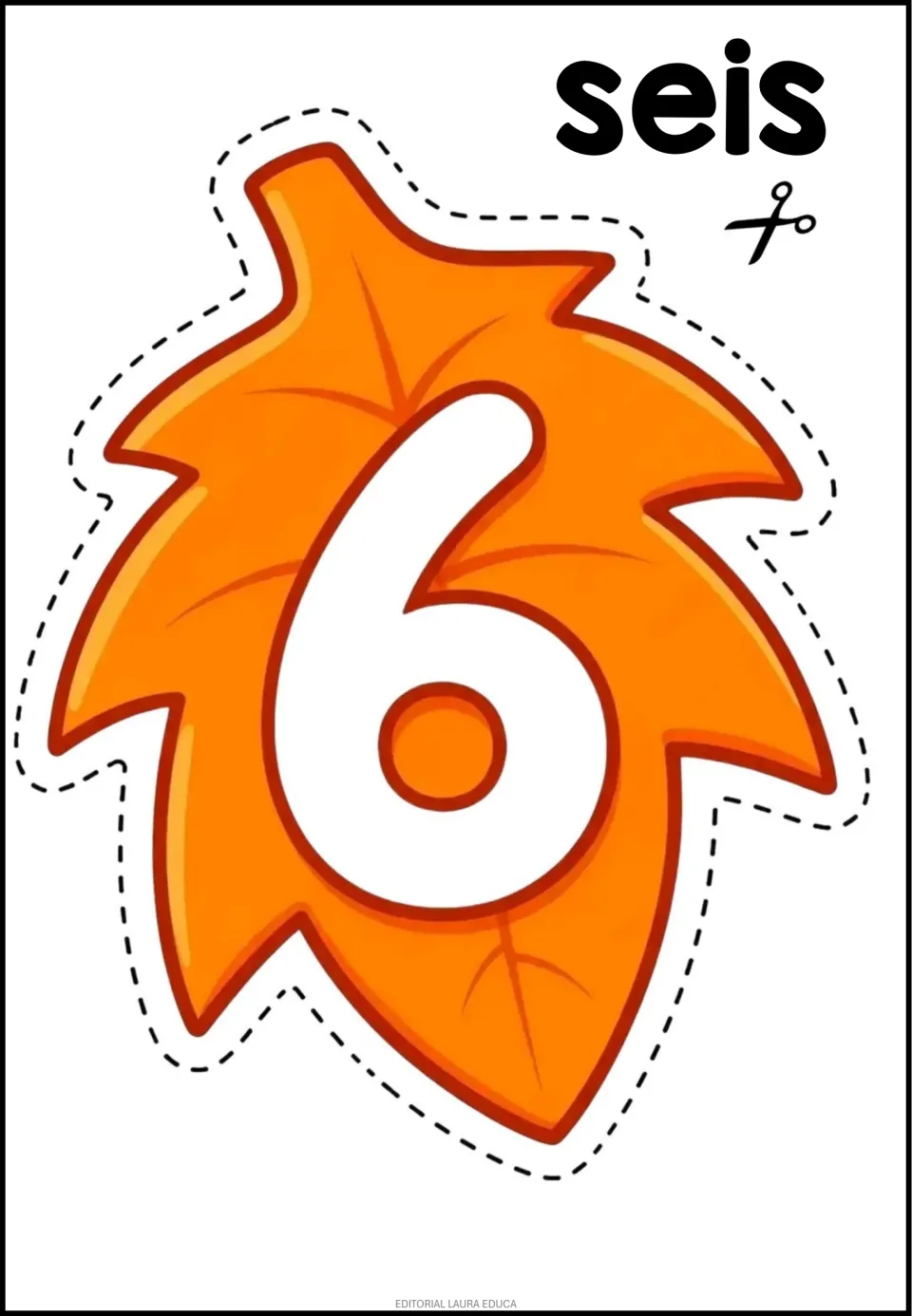 Number cutout 6 of 9 shown: an orange leaf bearing the numeral 6 and the Spanish number word seis (six)