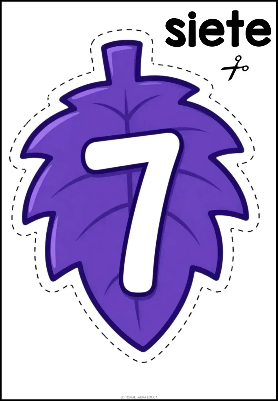 Number cutout 7 of 9 shown: a purple leaf bearing the numeral 7 and the Spanish number word siete (seven)