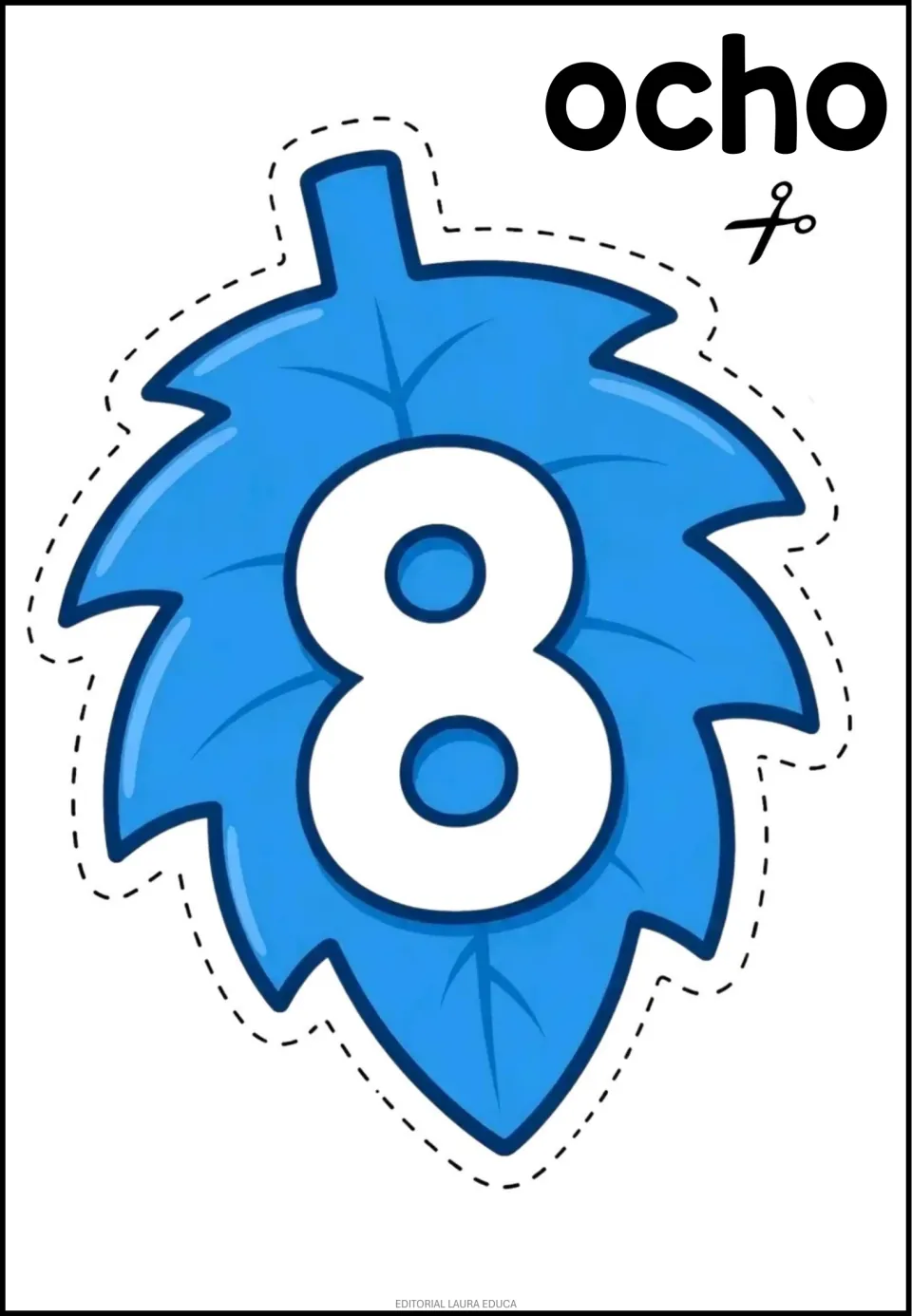 Number cutout 8 of 9 shown: a blue leaf bearing the numeral 8 and the Spanish number word ocho (eight)