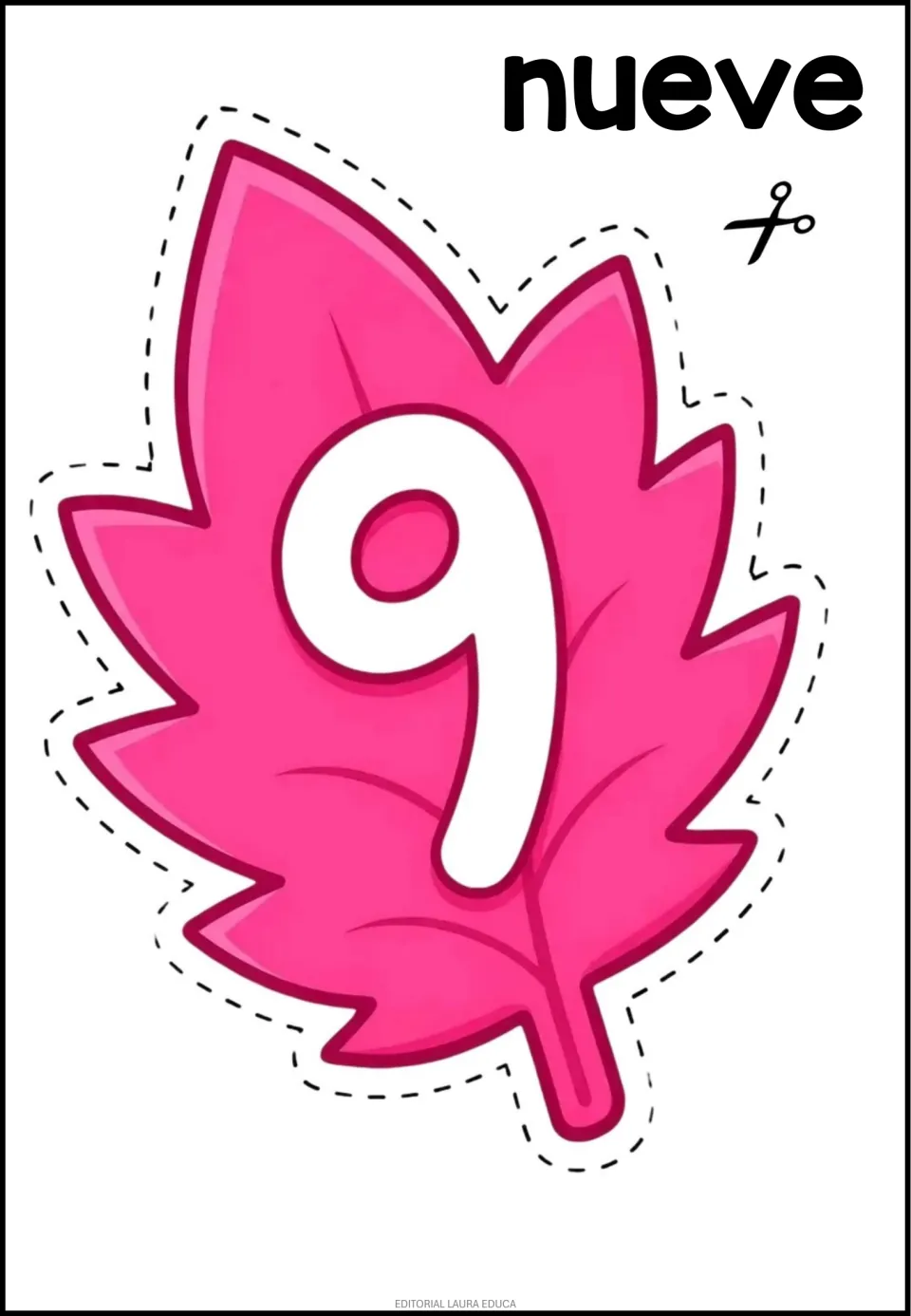 Number cutout 9 of 9 shown: a pink leaf bearing the numeral 9 and the Spanish number word nueve (nine)