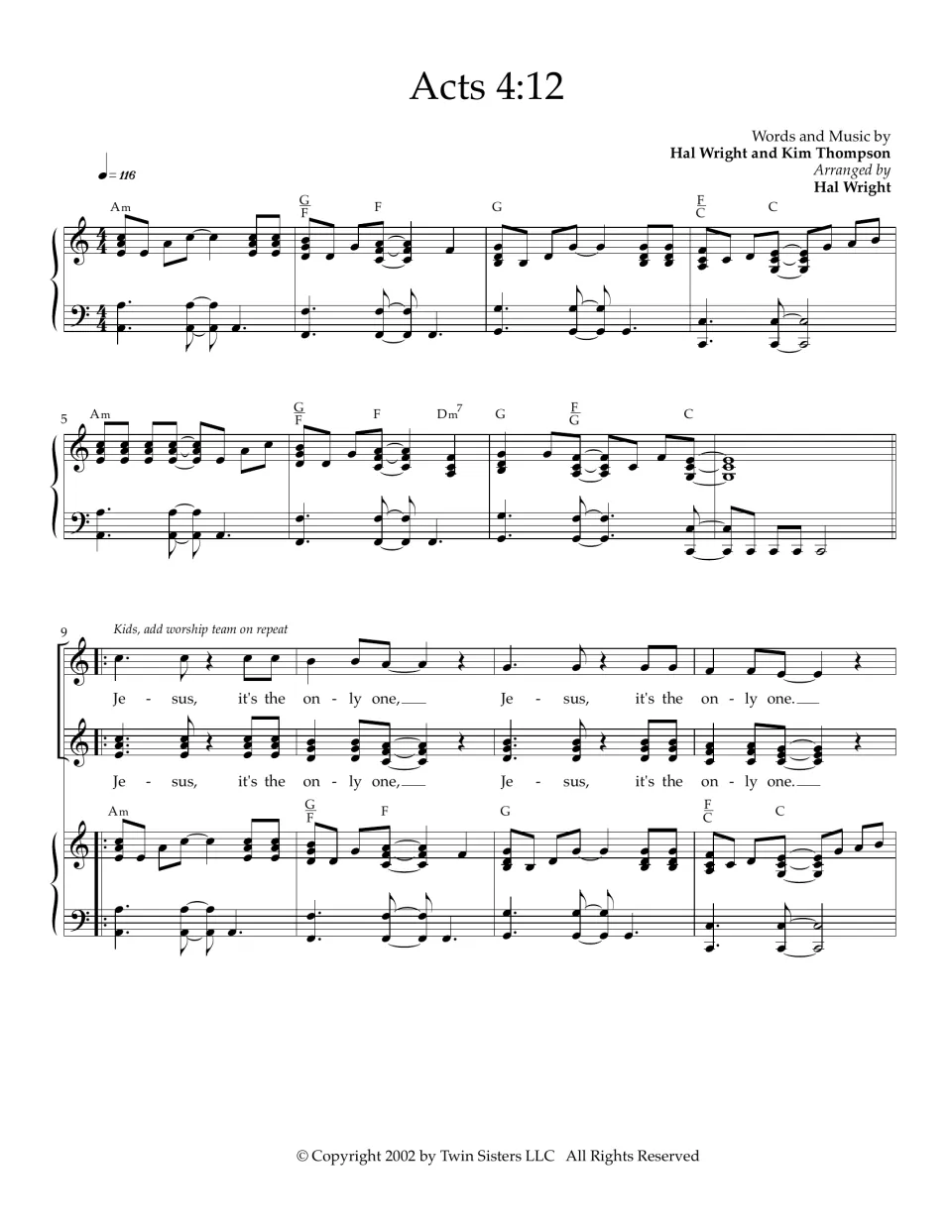 Song Acts 4:12, bars 1-12: piano intro in 4/4 with chords, then kids sing "Jesus, it's the only one" in two parts