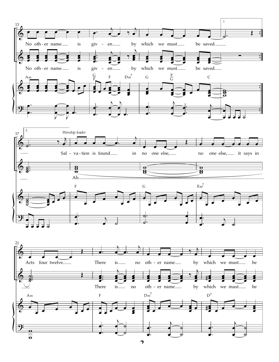 Song score, bars 13-24: two vocal parts sing "No other name is given", then a worship leader solo over sustained Ah