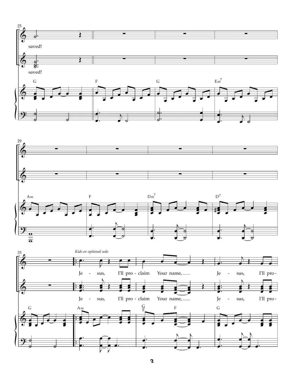 Song score, bars 25-36: voices end on "saved!", rest during a piano interlude, then sing "Jesus, I'll proclaim Your name"