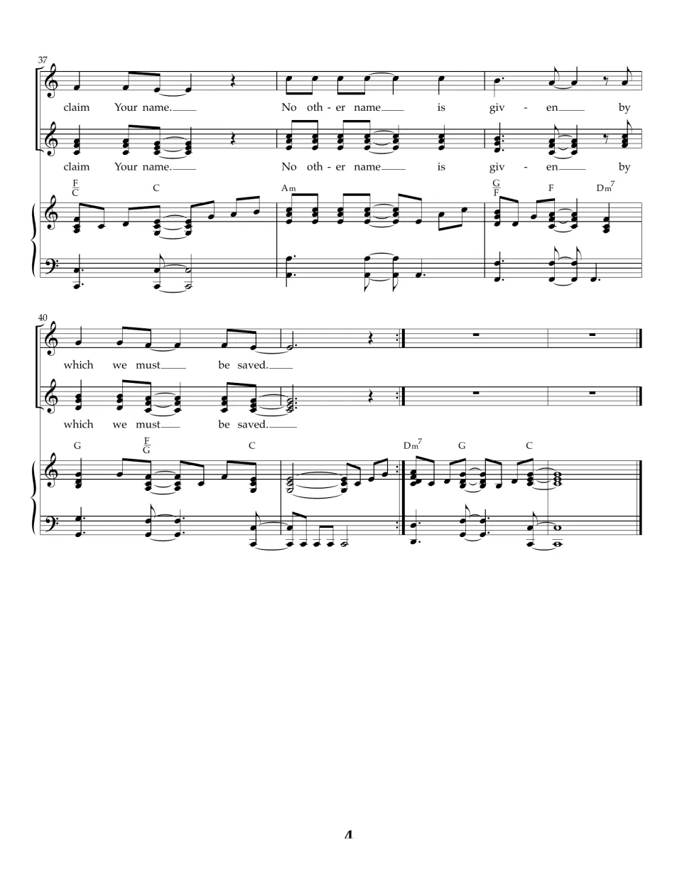 Song score, bars 37-43: voices finish "claim Your name" and "No other name is given" before a short piano ending
