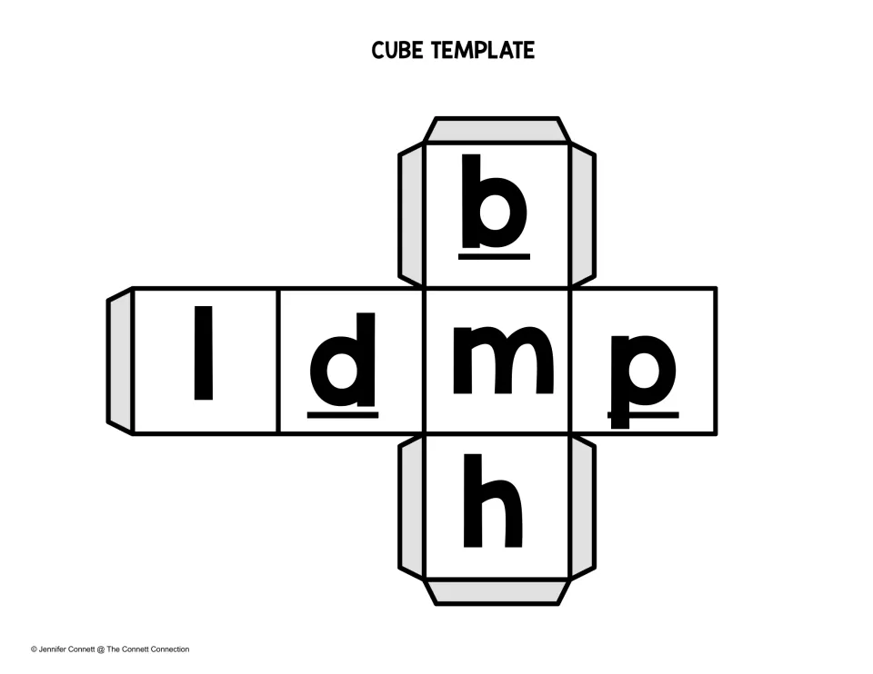 Onset cube template: a fold-up die with the letters b, l, d, m, p and h, rolled to start a -ad word for blending practice