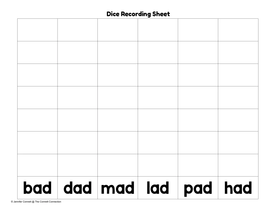 Dice recording sheet: students write each rolled word above bad, dad, mad, lad, pad or had