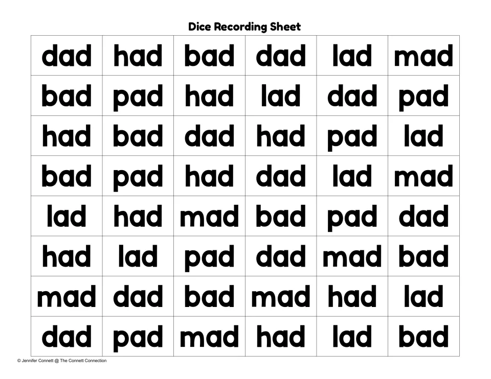 Dice recording sheet printed with dad, had, bad, lad, mad and pad in mixed order for finding each rolled -ad word