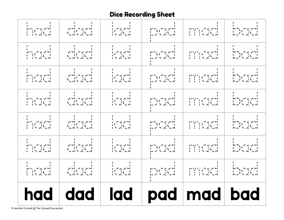 Dice recording sheet with dotted -ad words to trace: had, dad, lad, pad, mad and bad, seven times each above the bold word