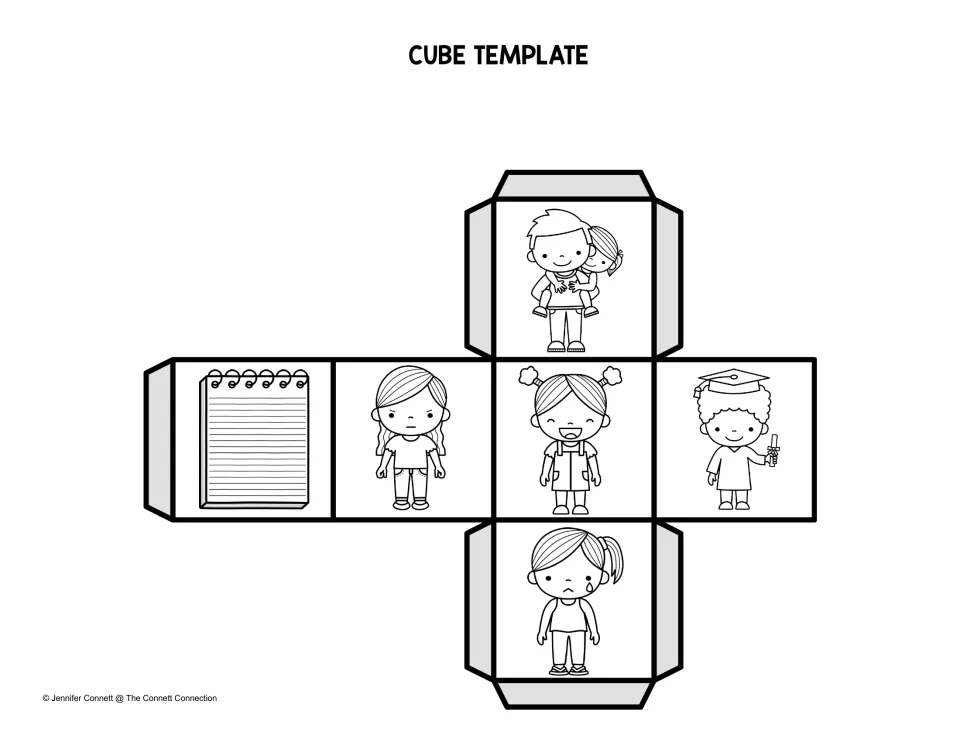 Picture cube template in black and white: a notepad, angry girl, happy girl, graduate, crying girl and dad for -ad words