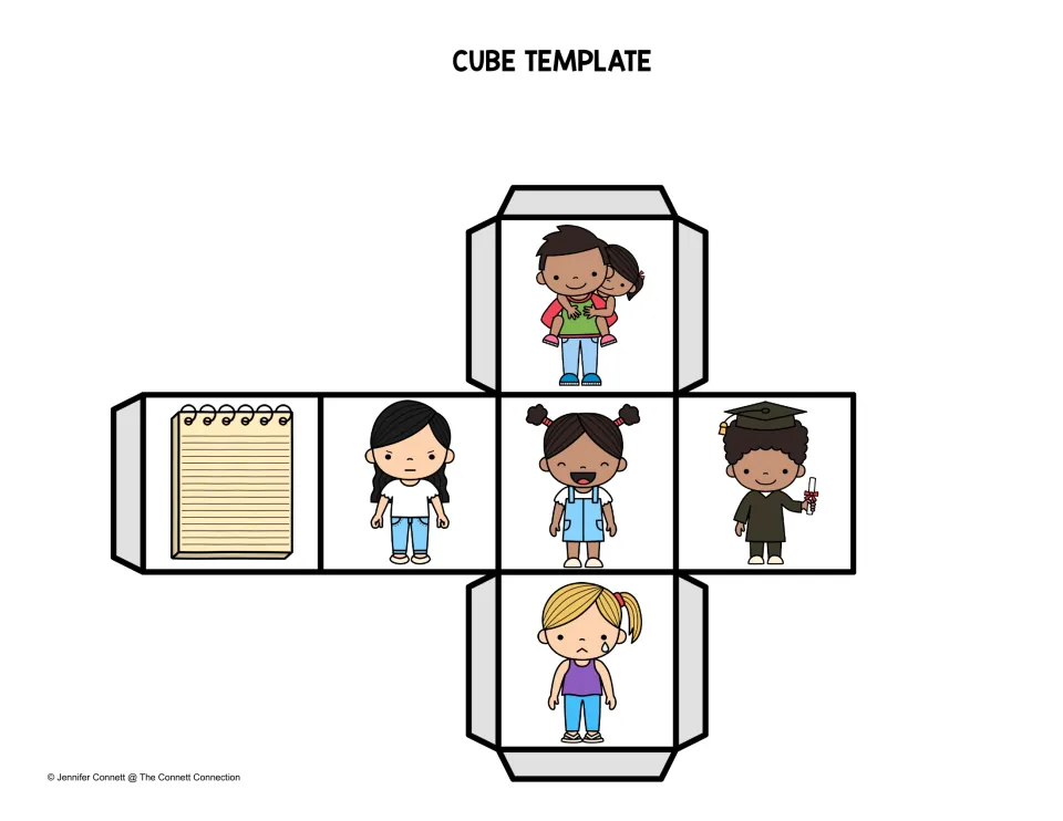 Color picture cube: roll a notepad, angry girl, smiling girl, graduate, crying girl or dad and say the matching -ad word