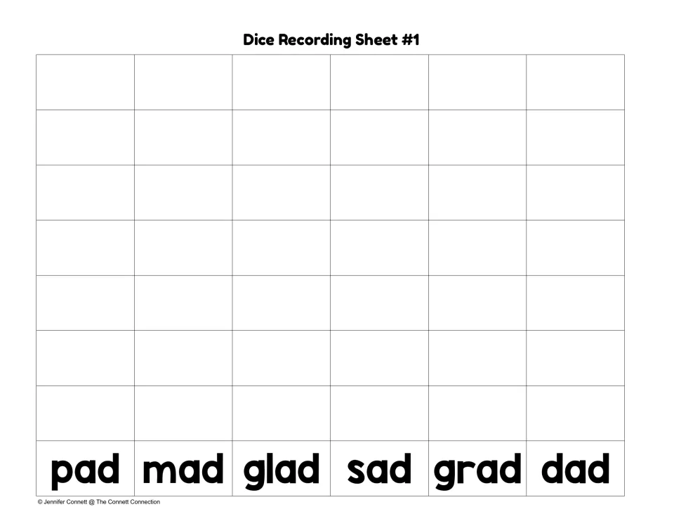 Dice Recording Sheet #1: students write each picture-die roll above pad, mad, glad, sad, grad or dad