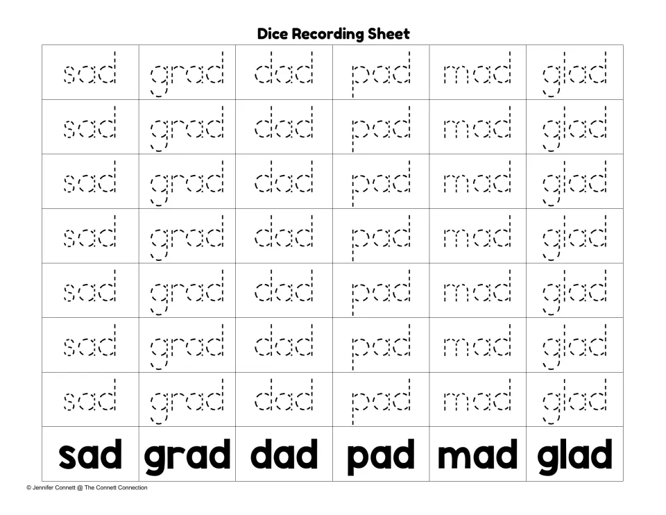 Picture dice tracing sheet: students trace dotted sad, grad, dad, pad, mad or glad each time that word is rolled