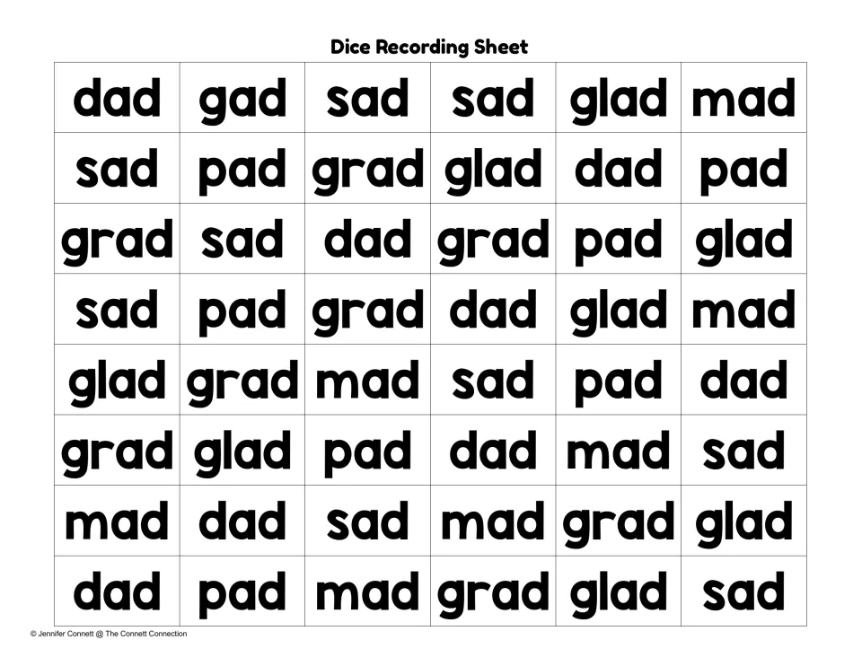 Dice recording sheet printed with mixed -ad words including glad, grad, sad, pad and mad for locating each picture-die word